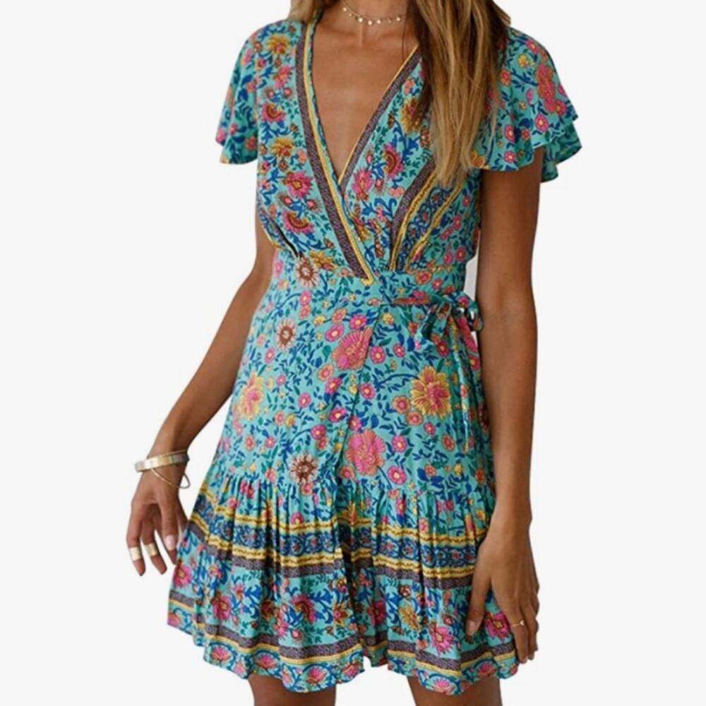 Zesica Blue Pink Floral Short Sleeve V-Neck Wrap Mini Summer Dress Small NEW